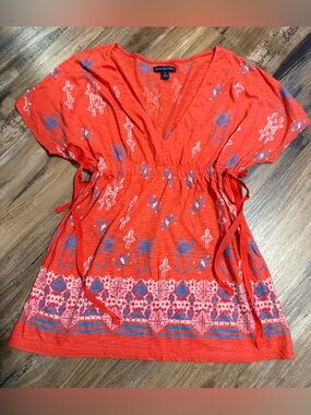 American Eagle Outfitters Coral Red Short-Sleeve Printed Tie-Waist Tunic